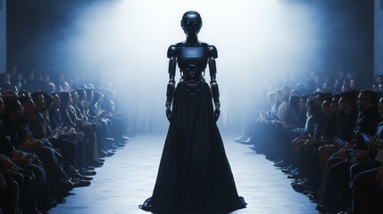 Poster - A robot is walking down a runway in front of a crowd of people