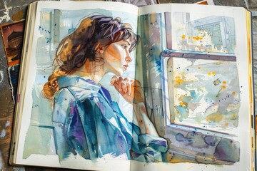 Aufkleber - A portrait of a woman gazing out the window, possibly thinking or lost in thought