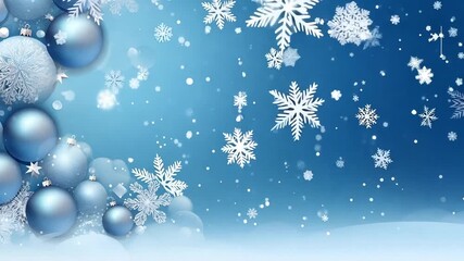 Wall Mural - Christmas and New Year holidays background. Frame of blue glass balls hanging on a ribbon on a blue background with snowflakes, copy space for text. Christmas and New Year holidays concept