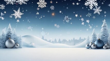 Wall Mural - Christmas and New Year holidays background. Blue glass balls hang on a ribbon on a light blue background with snowflakes, copy space for text. Christmas and New Year holidays concept