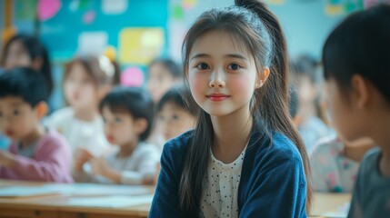 Wall Mural - A girl with a ponytail is sitting in a classroom with other children