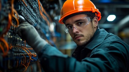 Poster - A man in a safety helmet is working on a power line