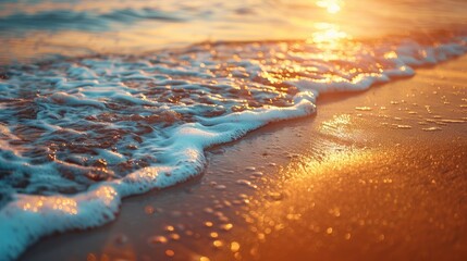 Wall Mural - a serene beach scene capturing gentle waves lapping against golden sand at sunset, evoking tranquili