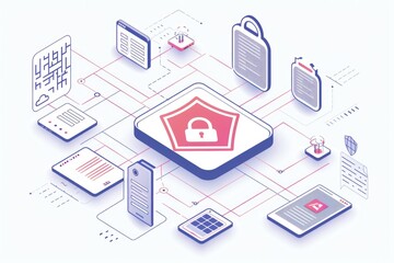 Aufkleber - A phone with a padlock symbol surrounded by various electronic devices, ideal for illustrations about security and technology