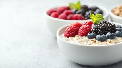 Three bowls filled with assorted berries and oats, garnished with mint leaves, presented on a light-colored surface, emphasizing a healthy and colorful breakfast option.