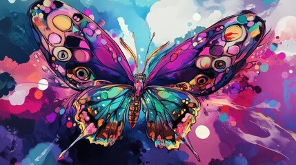 Butterfly in Japanese anime style with wings painted with patterns, butterfly forces on kimano, colorful drawing in anime style with paints