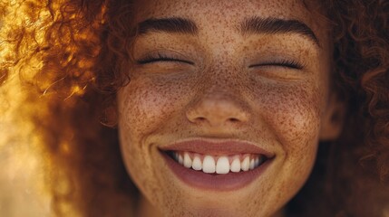 Wall Mural - A woman with red hair and freckles is smiling and has her mouth open