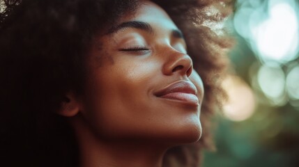 A woman with a beautiful smile is looking up at the sky