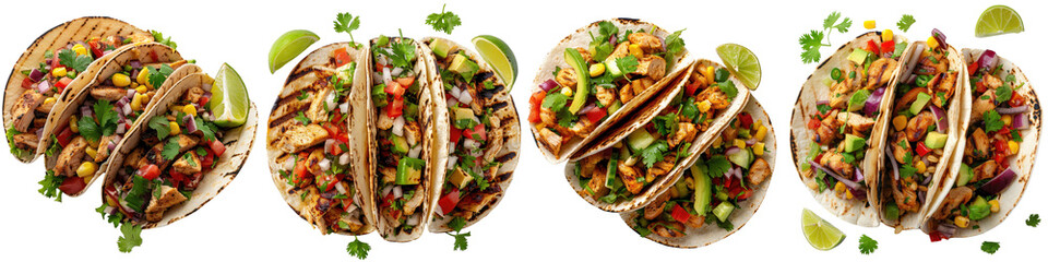 Wall Mural - grilled chicken tacos isolated on a transparent background - featuring soft corn tortillas filled wi