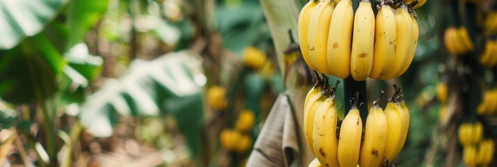 Banana plant with fruit in plantation farm field.