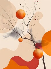 Wall Mural - Abstract Art with Orange Circles and a Branch