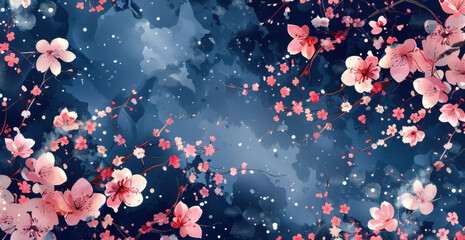 Wall Mural - A painting of pink flowers with a blue sky background