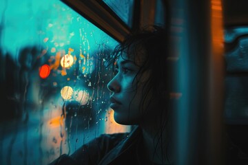 Poster - A person gazing out of a window during rainfall, possibly feeling melancholic or contemplative