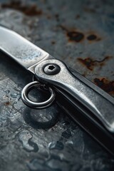 Poster - A pair of scissors sitting on a metal surface, great for use in illustrations about crafting, DIY projects or office settings