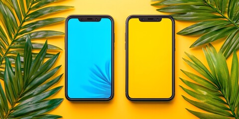 Two Smartphones on Yellow Background With Green Palm Leaves