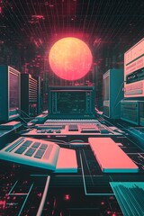 Wall Mural - Retro futuristic computer with glowing neon display against a digital grid background, illuminated by a giant red orb.