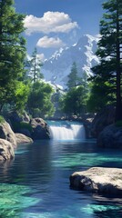 Poster - Mountain Waterfall Landscape Illustration