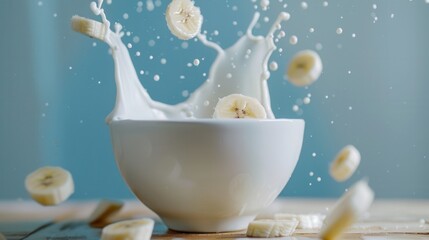 Fresh banana fruit with milk splash closeup macro view