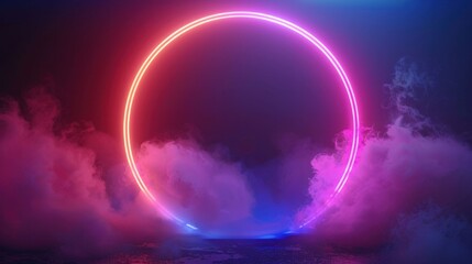 Wall Mural - Neon circle in colorful fog with a dark background, creating a surreal atmosphere