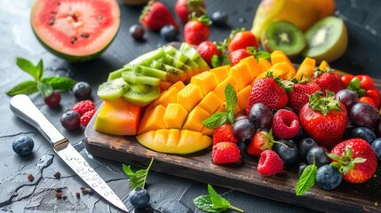 A collection of various seasonal fruits on table with cutting board and knife in kitchen