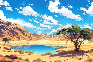 Poster - A serene desert scene featuring a peaceful lake surrounded by sandy dunes