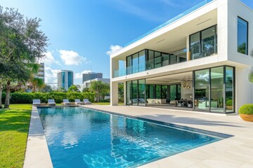 Canvas Print - A large swimming pool in front of a modern home, great for relaxing or entertaining