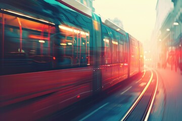 Poster - A train travels down a busy city street with blurred surroundings