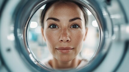 A close-up view of a woman's face seen through a medical device, focusing on her hopeful eyes, representing health care, anticipation, and professional medical evaluation.