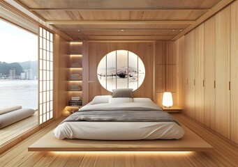 Wall Mural - Japanese Style Bedroom Interior Design With Wooden Walls And Ceiling