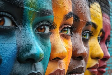 powerful mural depicting diverse faces united in call for equality vibrant colors and bold typography convey urgency of civil rights movement urban setting