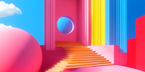 Abstract 3D Illustration of a Pink and Blue Building with Stairs and a Circle