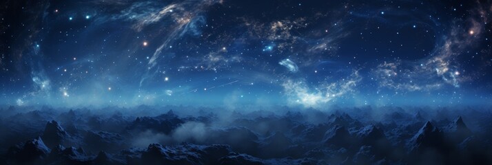 Poster - Space-themed banner design, wide angle, deep blue and black pallet, stars, galaxies, 8K, realism --ar 3:1 --stylize 200 --v 5.2 Job ID: 23785a7a-8889-42ca-90b3-394e3e2354e0