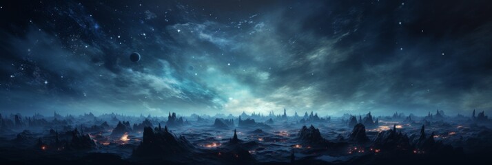 Poster - Space-themed banner design, wide angle, deep blue and black pallet, stars, galaxies, 8K, realism --ar 3:1 --stylize 200 --v 5.2 Job ID: 23785a7a-8889-42ca-90b3-394e3e2354e0