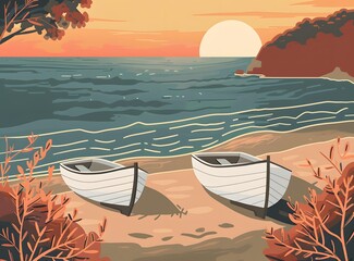 Poster - Sunset Seascape with Two Boats on Beach