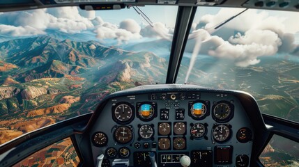 Poster - Aerial perspective from inside an airplane cockpit showing mountains in the distance, suitable for travel or adventure themes
