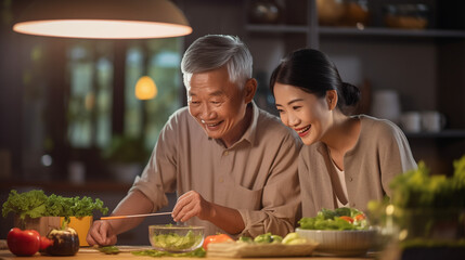 happy asian family of elderly father and his adult daughter cooking