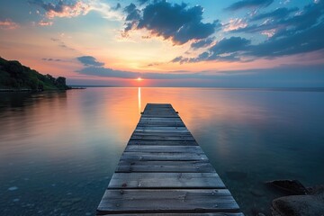 Wall Mural - A wooden dock stretches out into the calm water, perfect for a relaxing day or a romantic getaway