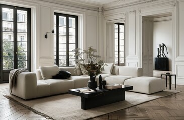 Poster - large living room in an old  building with white walls, parquet floor and black window frames.