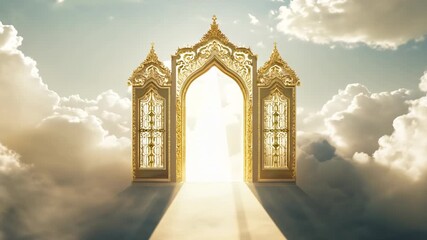 open golden gates of paradise against white clouds. entrance to the afterlife for the righteous. gol