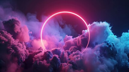 Wall Mural - A vibrant neon circle surrounded by colorful clouds in shades of pink, purple, and blue against a dark background