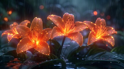 Poster - Glowing Lilies in the Rain