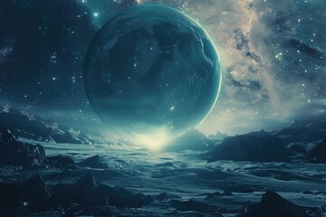 Poster - A planet visible in the daytime sky, with clouds and blue horizon