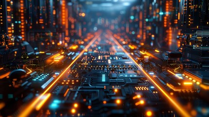 Poster - Neon-lit circuit board landscape showcasing futuristic technology in a digital cityscape