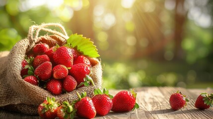 Wall Mural - A sack of newly harvested strawberry fruit in plantation farm field