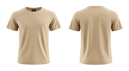 A tan-colored t-shirt, front and back view, white background, mockup template. Tan men's classic t-shirt