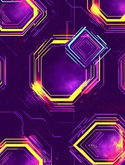 Abstract geometric pattern with octagons and lines in vibrant neon colors on a dark purple background.