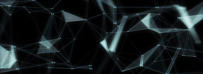 Poster - Business futuristic backdrop. Network connection glitch structure cyberspace with moving particles. Abstract cyber security background. 3D rendering.