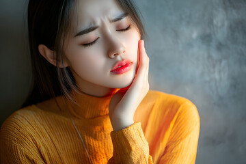 Asian Young Woman Checking Sore Throat and Painful Thyroid Gland