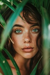 Canvas Print - A portrait of a woman with freckles, shot in a close-up