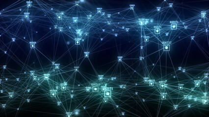 Poster - Futuristic backdrop. Network connection structure cyberspace with moving particles and numbers. Big data visualization. Abstract cyber security background in database. 3D rendering.